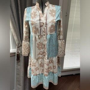 Amazon Long Sleeve Floral Dress in Blue and Cream